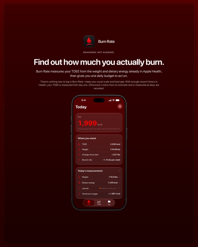 The Burn Rate share image, showing the app on iPhone 18 Pro Max with its icon, name and headline for the loss story, in the Red tint, dark appearance.