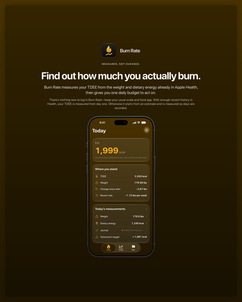 The Burn Rate share image, showing the app on iPhone 18 Pro Max with its icon, name and headline for the loss story, in the Yellow tint, dark appearance.