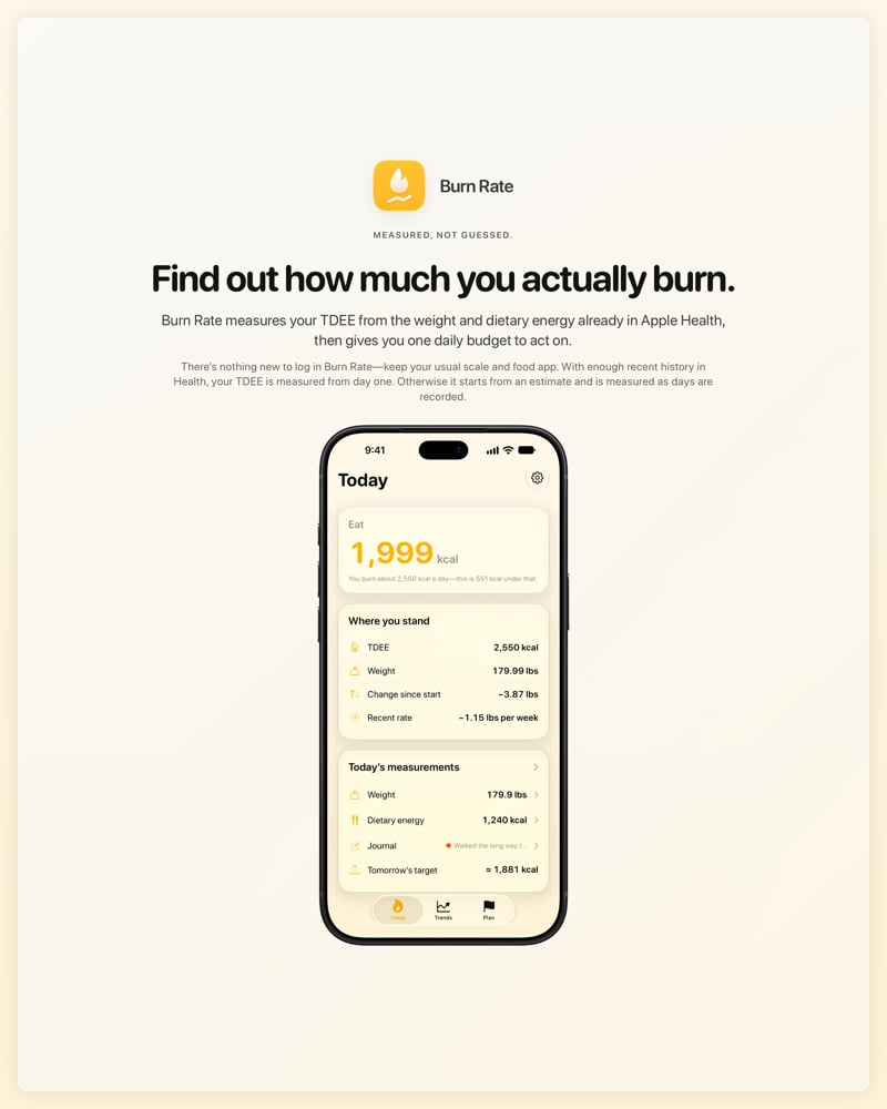 The Burn Rate share image, showing the app on iPhone 18 Pro Max with its icon, name and headline for the loss story, in the Yellow tint, light appearance.