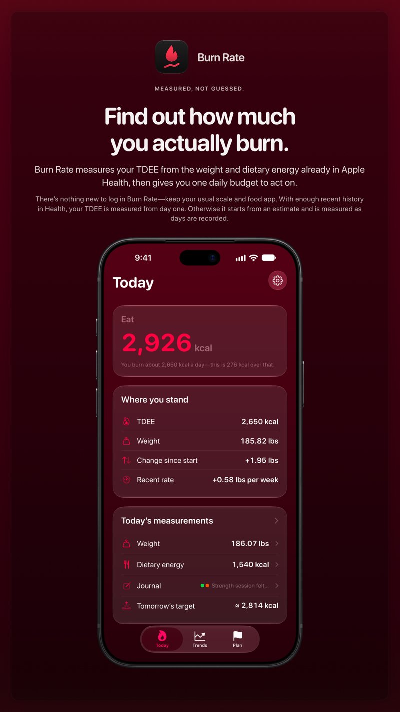 The Burn Rate share image, showing the app on iPhone 18 Pro Max with its icon, name and headline for the gain story, in the Pink tint, dark appearance.
