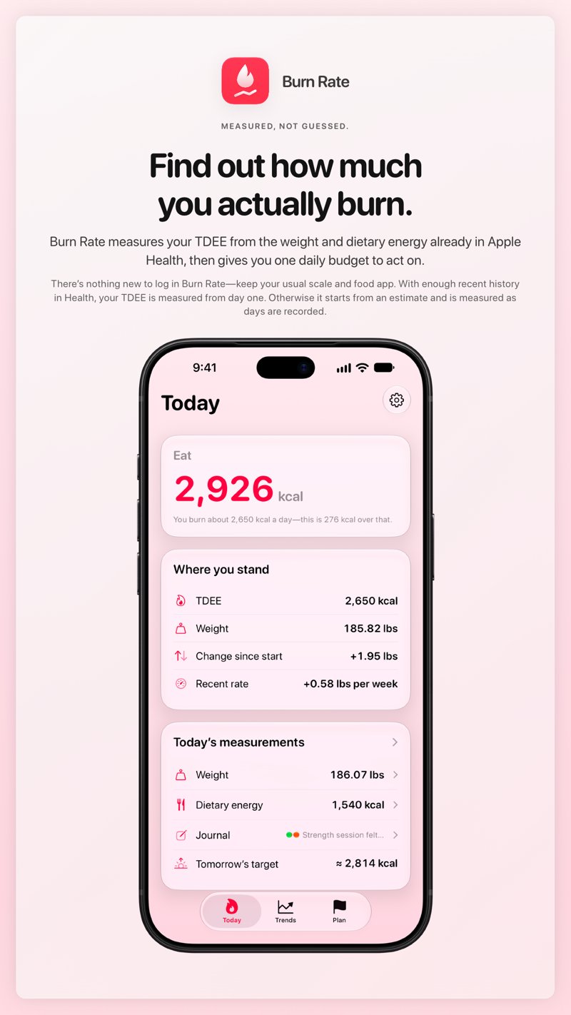 The Burn Rate share image, showing the app on iPhone 18 Pro Max with its icon, name and headline for the gain story, in the Pink tint, light appearance.