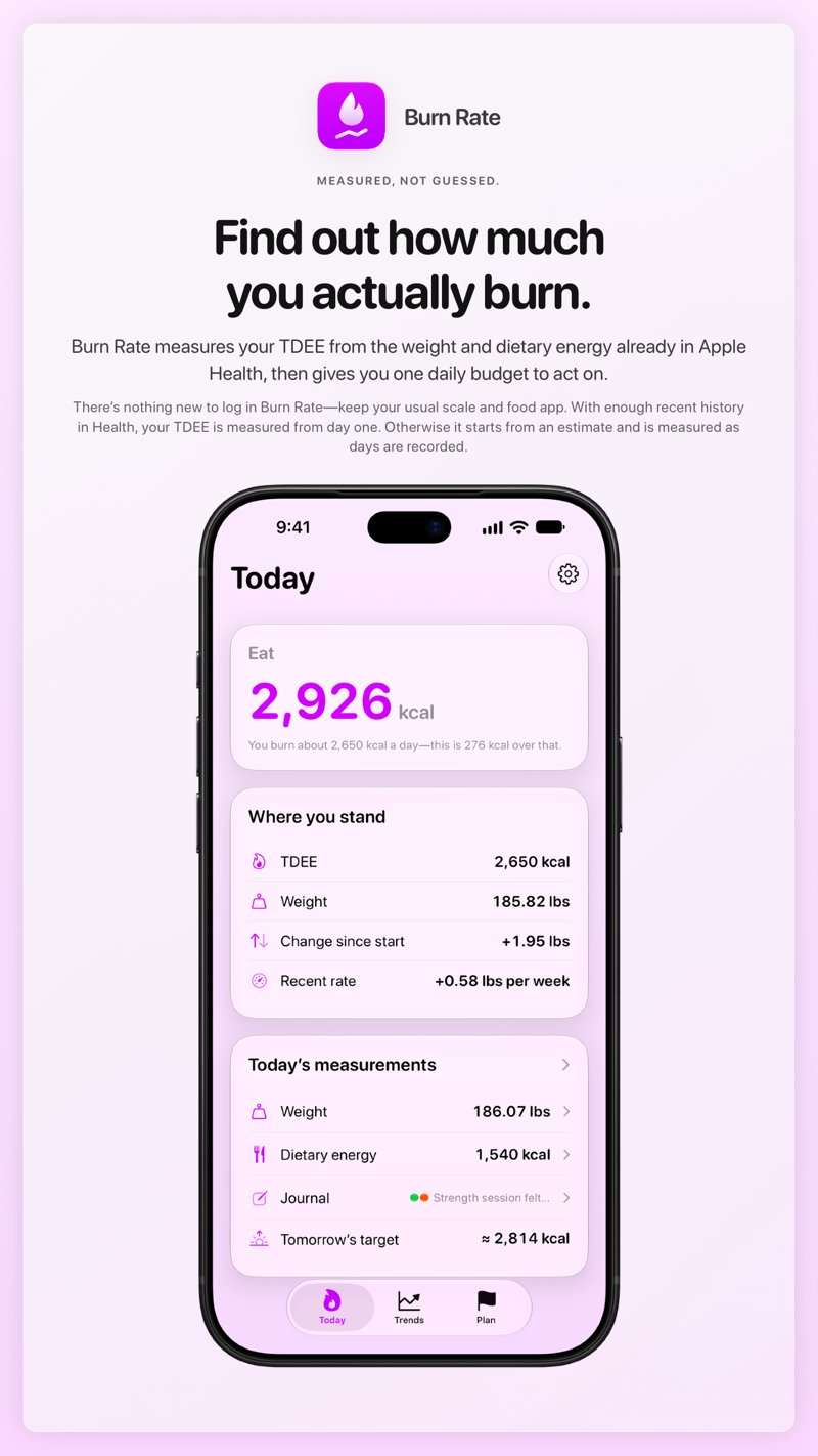 The Burn Rate share image, showing the app on iPhone 18 Pro Max with its icon, name and headline for the gain story, in the Purple tint, light appearance.