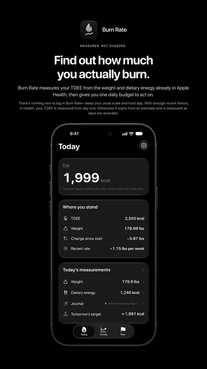 The Burn Rate share image, showing the app on iPhone 18 Pro Max with its icon, name and headline for the loss story, in the Grey tint, dark appearance.