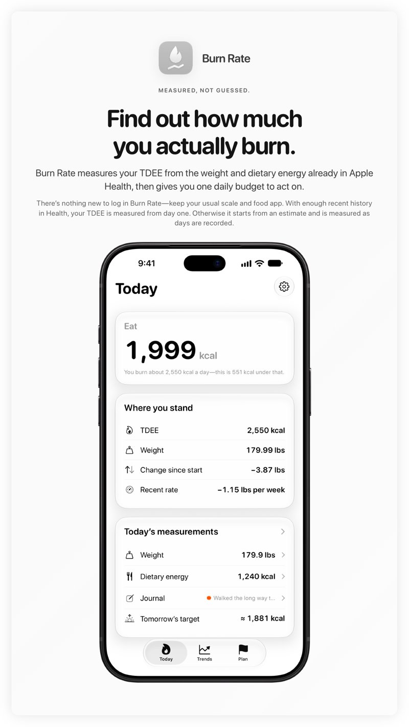 The Burn Rate share image, showing the app on iPhone 18 Pro Max with its icon, name and headline for the loss story, in the Grey tint, light appearance.