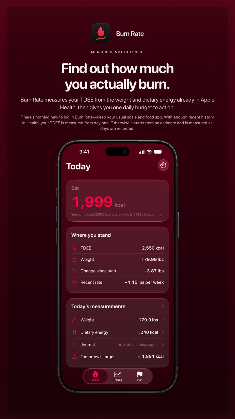 The Burn Rate share image, showing the app on iPhone 18 Pro Max with its icon, name and headline for the loss story, in the Pink tint, dark appearance.