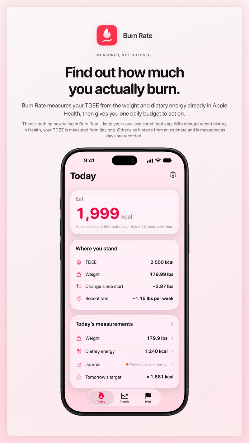 The Burn Rate share image, showing the app on iPhone 18 Pro Max with its icon, name and headline for the loss story, in the Pink tint, light appearance.