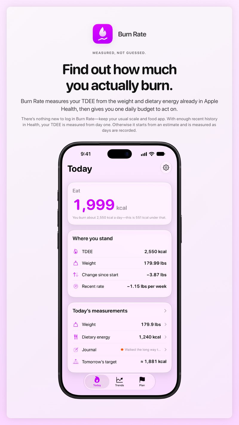 The Burn Rate share image, showing the app on iPhone 18 Pro Max with its icon, name and headline for the loss story, in the Purple tint, light appearance.