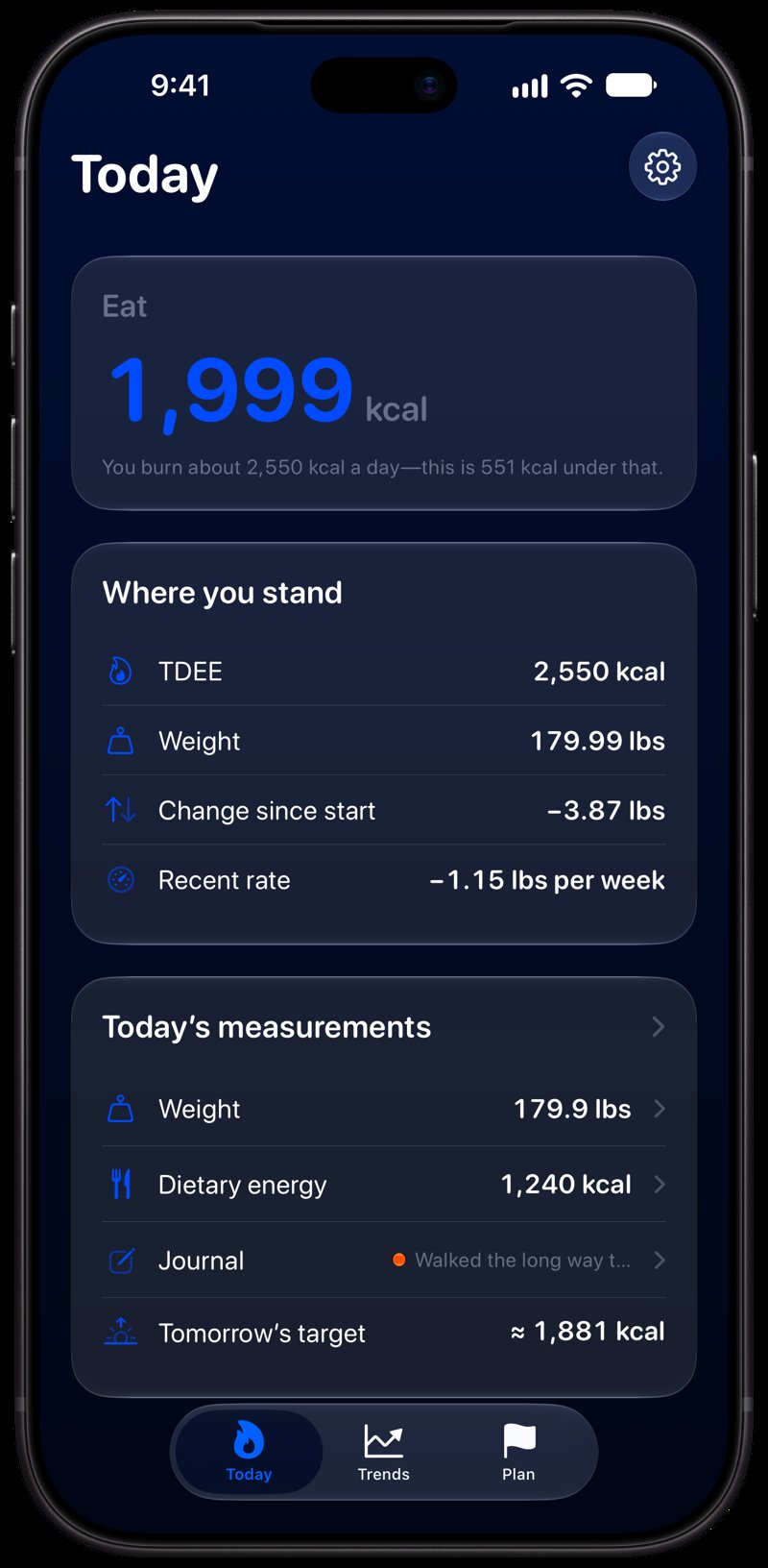 Burn Rate on iPhone 18 Pro Max showing Home for the loss story, in the Blue tint, dark appearance.