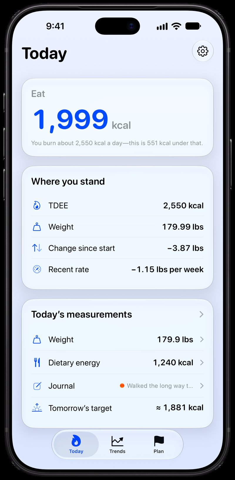 Burn Rate on iPhone 18 Pro Max showing Home for the loss story, in the Blue tint, light appearance.