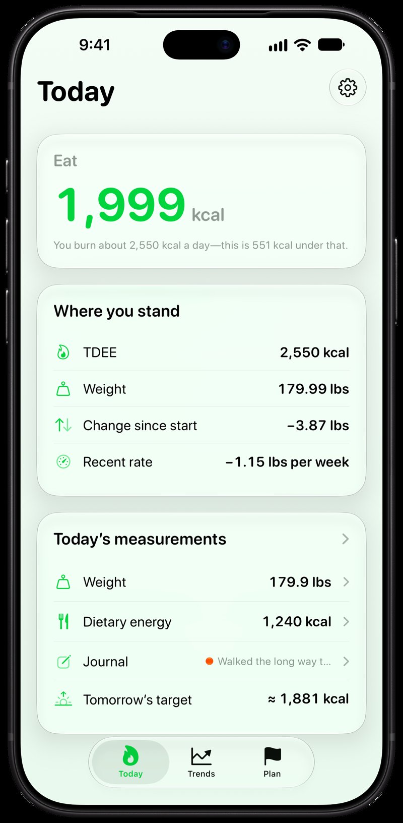 Burn Rate on iPhone 18 Pro Max showing Home for the loss story, in the Green tint, light appearance.