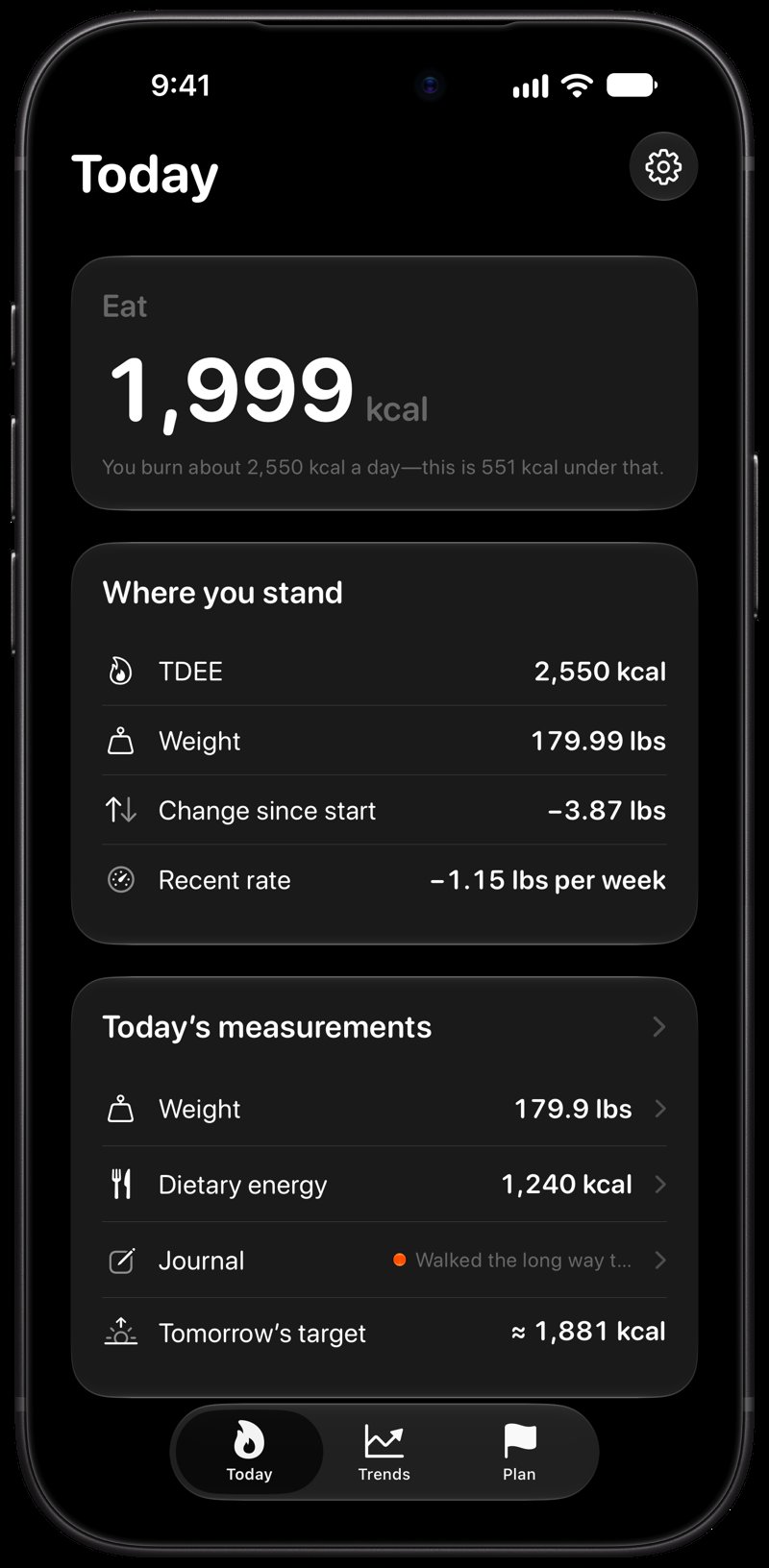 Burn Rate on iPhone 18 Pro Max showing Home for the loss story, in the Grey tint, dark appearance.