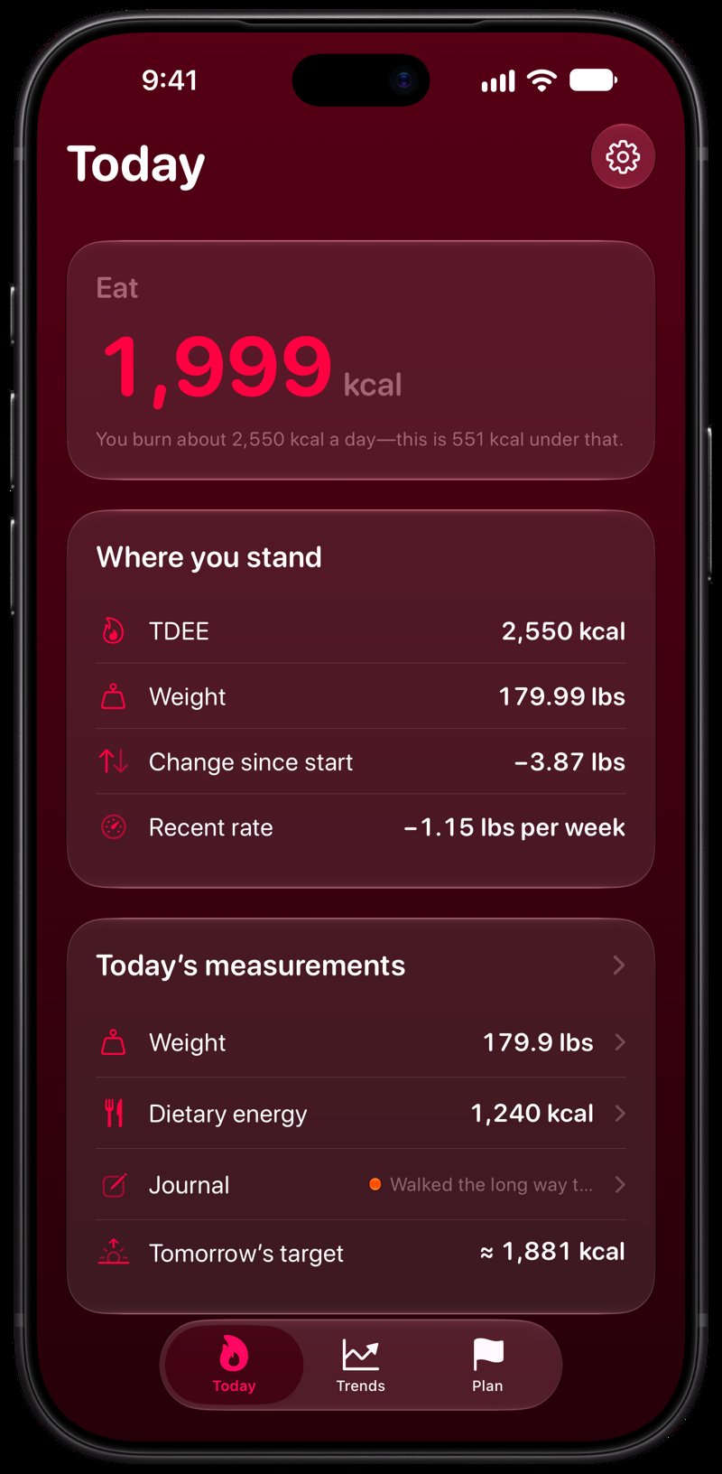 Burn Rate on iPhone 18 Pro Max showing Home for the loss story, in the Pink tint, dark appearance.
