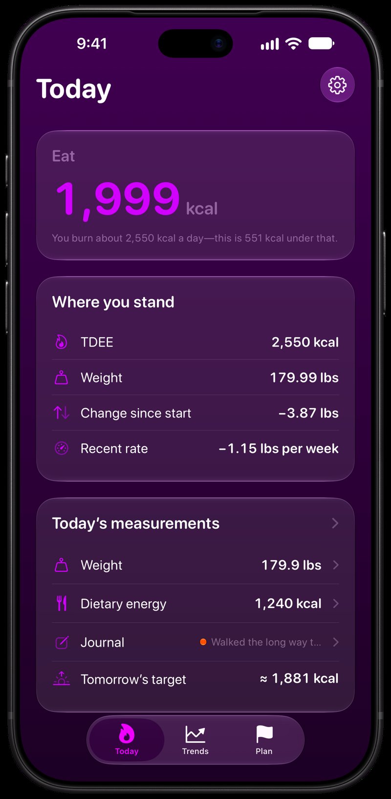 Burn Rate on iPhone 18 Pro Max showing Home for the loss story, in the Purple tint, dark appearance.
