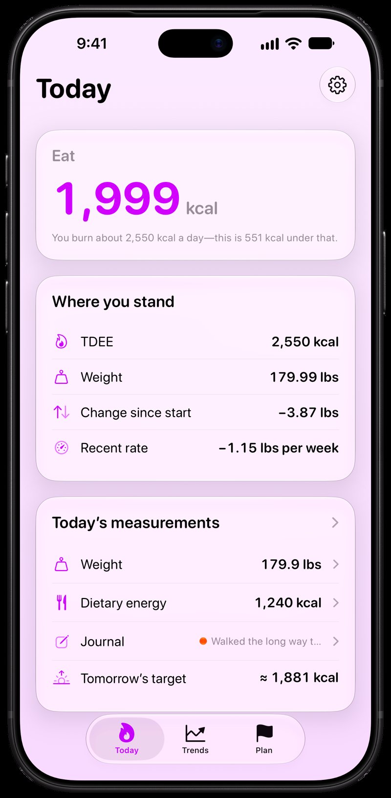 Burn Rate on iPhone 18 Pro Max showing Home for the loss story, in the Purple tint, light appearance.
