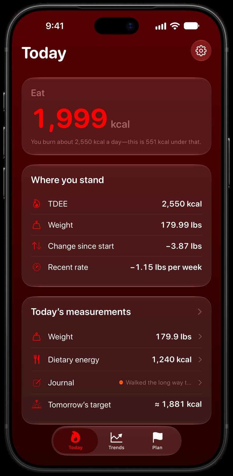 Burn Rate on iPhone 18 Pro Max showing Home for the loss story, in the Red tint, dark appearance.