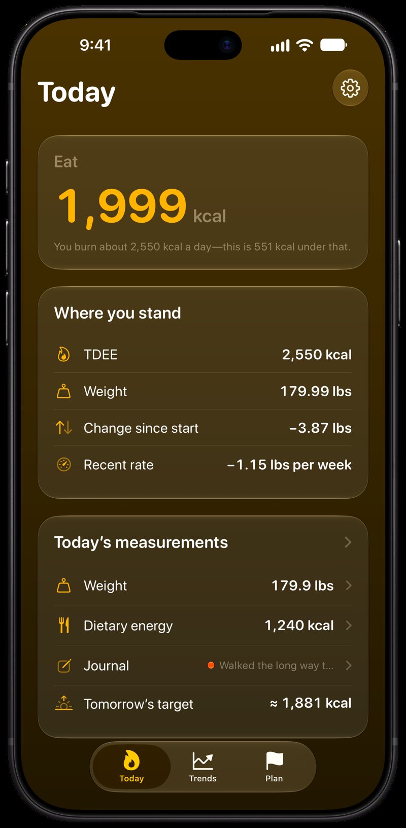 Burn Rate on iPhone 18 Pro Max showing Home for the loss story, in the Yellow tint, dark appearance.
