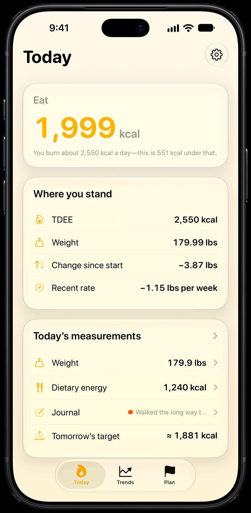 Burn Rate on iPhone 18 Pro Max showing Home for the loss story, in the Yellow tint, light appearance.