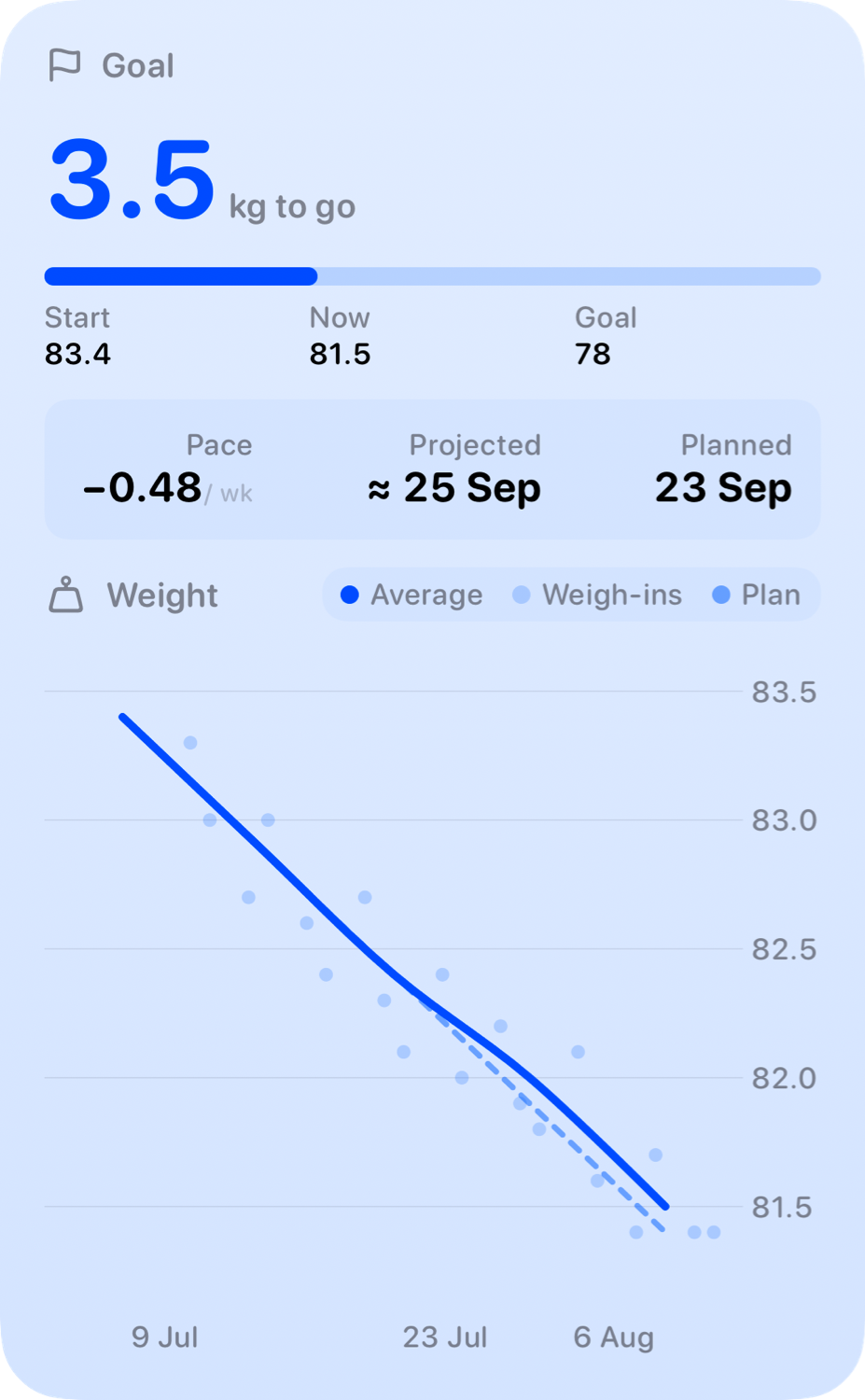 The Goal widget from Burn Rate at Extra Large Portrait size in the Blue tint, light appearance.