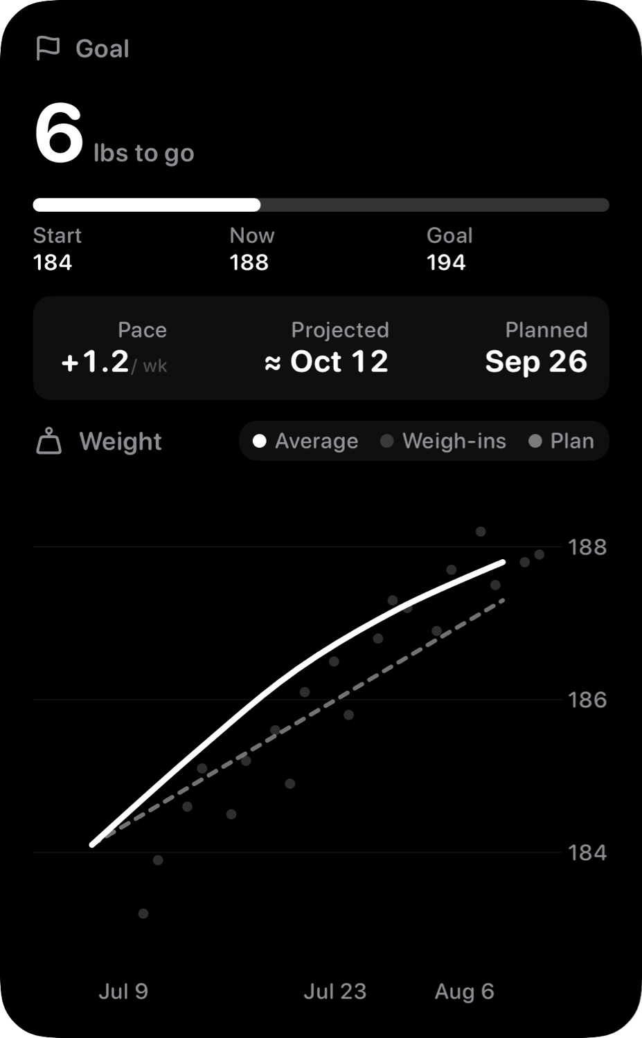 The Goal widget from Burn Rate at Extra Large Portrait size in the Grey tint, dark appearance.