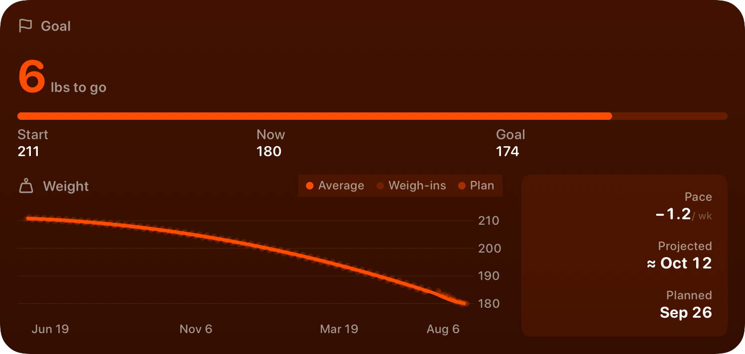 The Goal widget from Burn Rate at Extra Large size in the Orange tint, dark appearance.