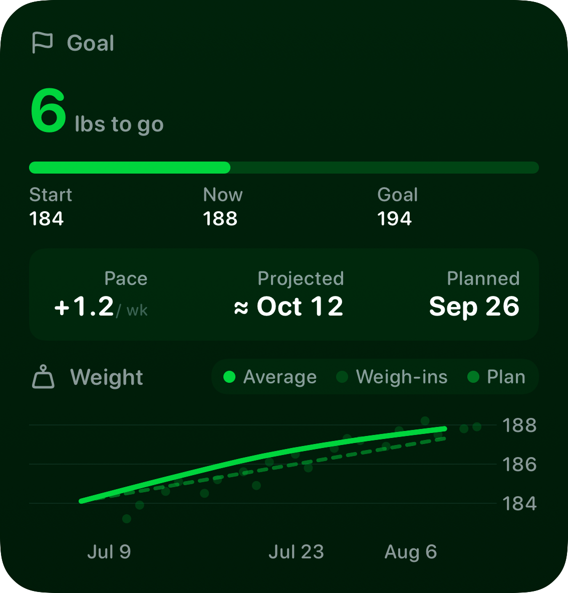 The Goal widget from Burn Rate at Large size in the Green tint, dark appearance.