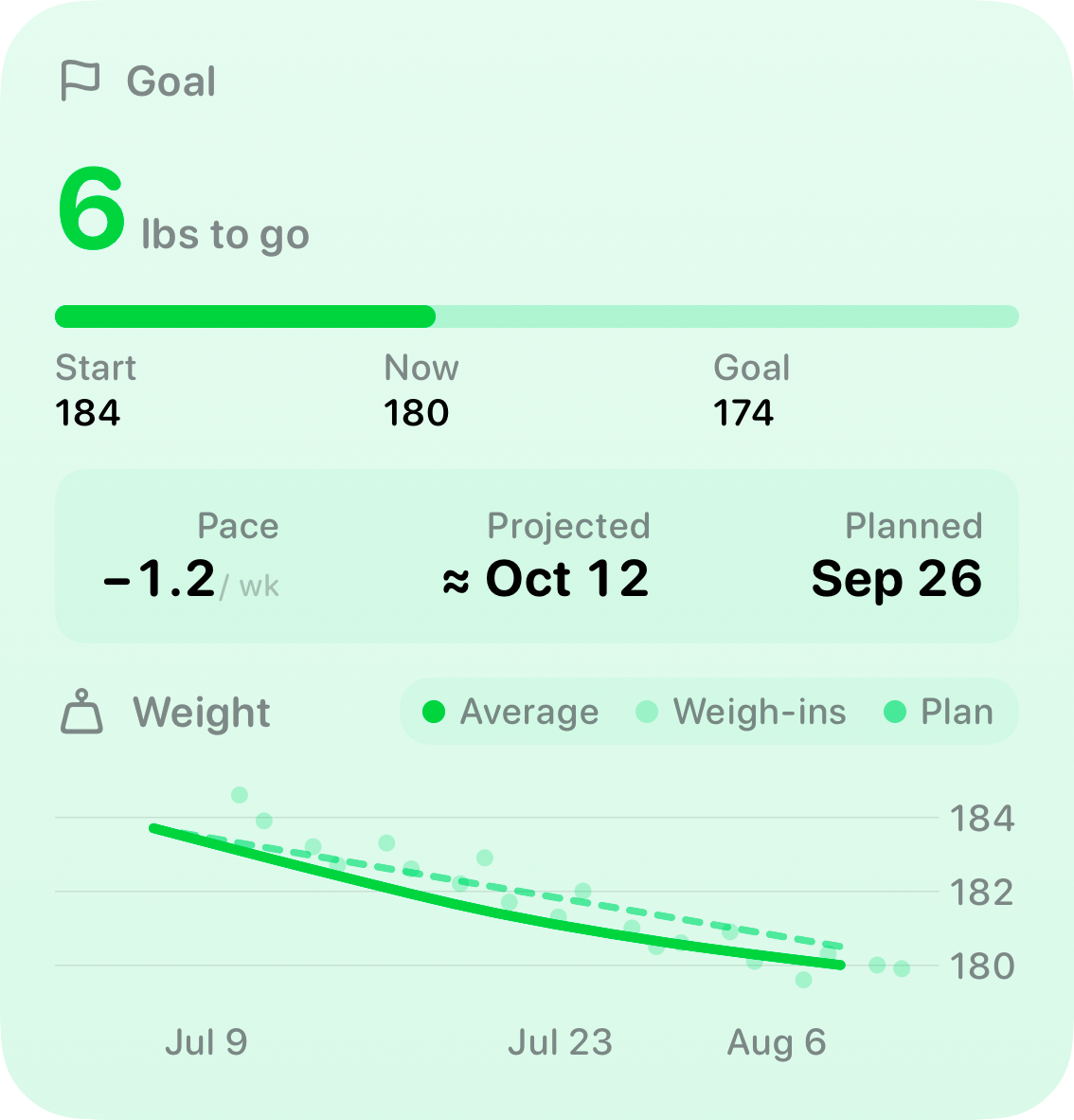 The Goal widget from Burn Rate at Large size in the Green tint, light appearance.