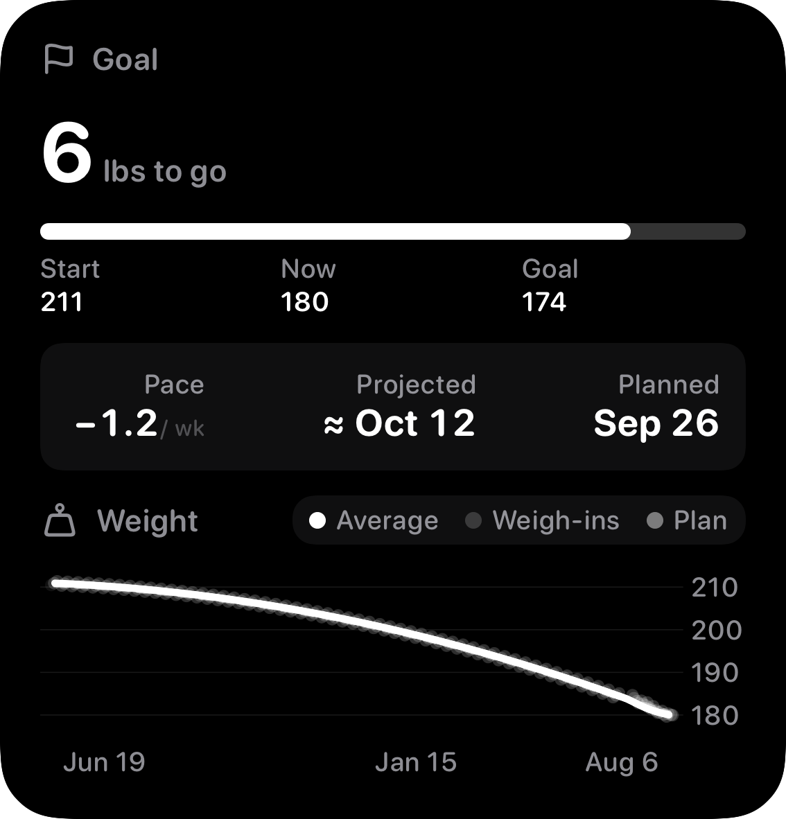 The Goal widget from Burn Rate at Large size in the Grey tint, dark appearance.