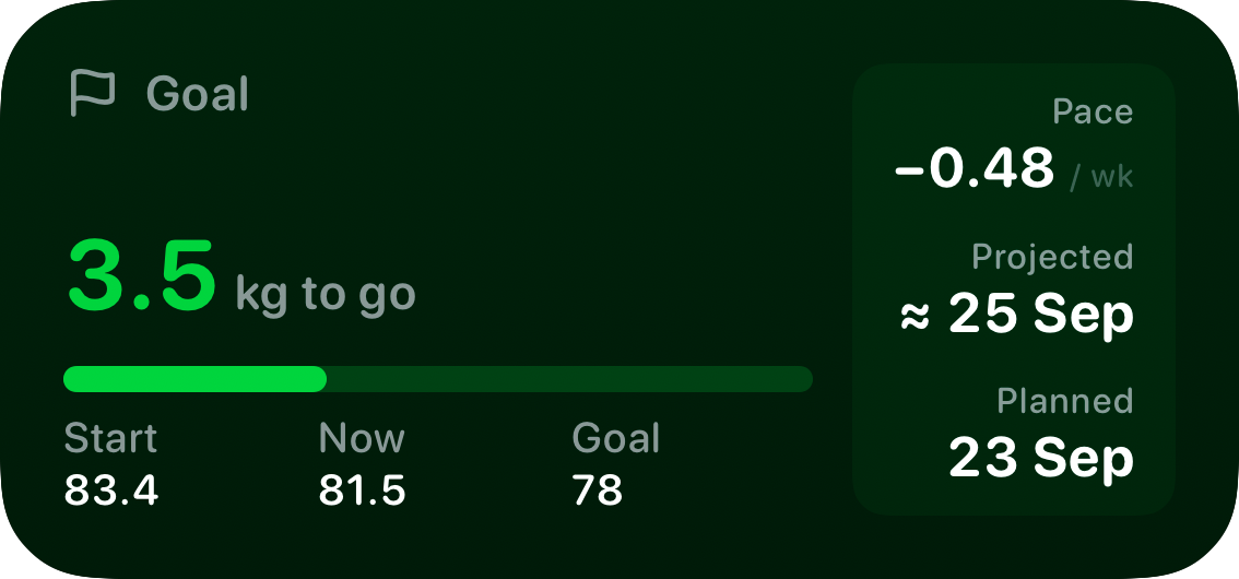 The Goal widget from Burn Rate at Medium size in the Green tint, dark appearance.