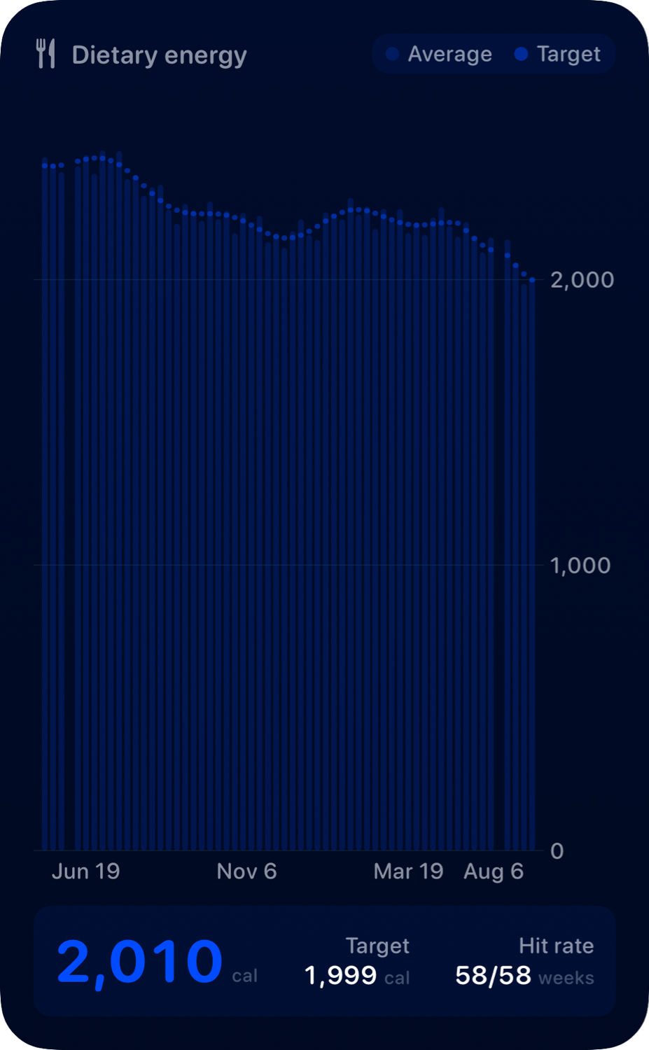 The Intake widget from Burn Rate at Extra Large Portrait size in the Blue tint, dark appearance.
