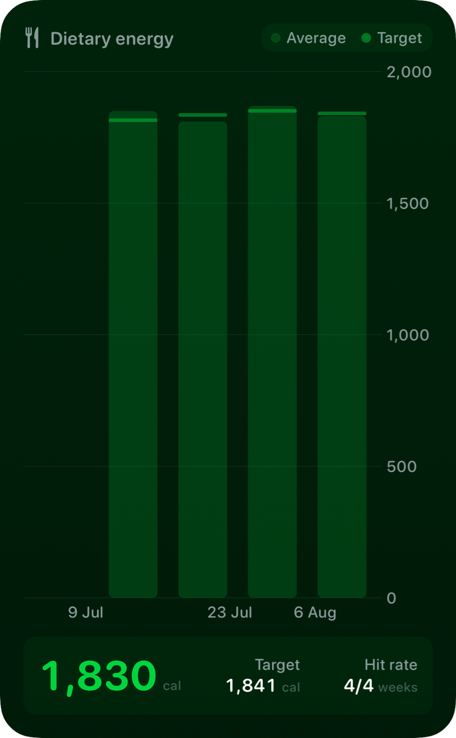 The Intake widget from Burn Rate at Extra Large Portrait size in the Green tint, dark appearance.