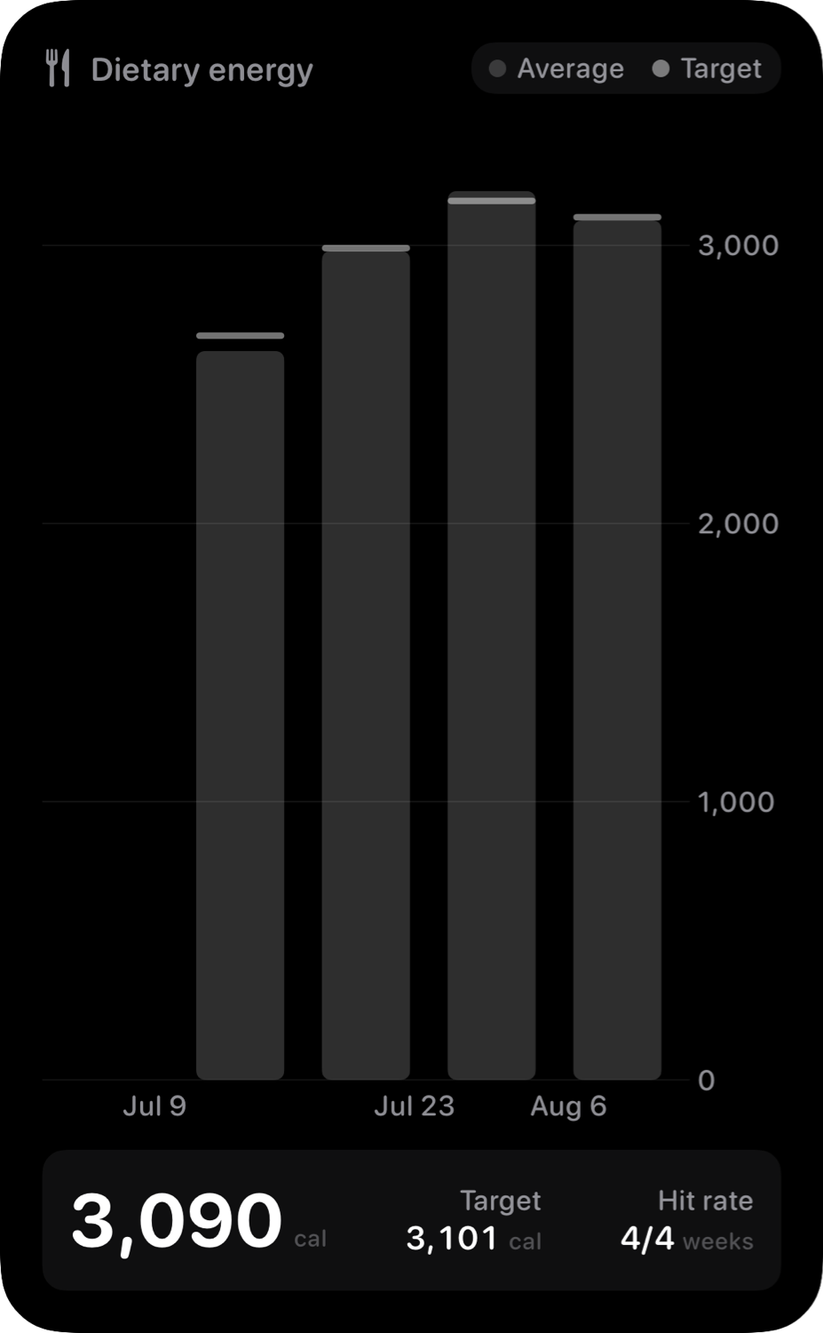 The Intake widget from Burn Rate at Extra Large Portrait size in the Grey tint, dark appearance.