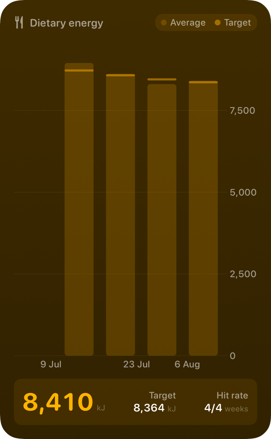 The Intake widget from Burn Rate at Extra Large Portrait size in the Yellow tint, dark appearance.
