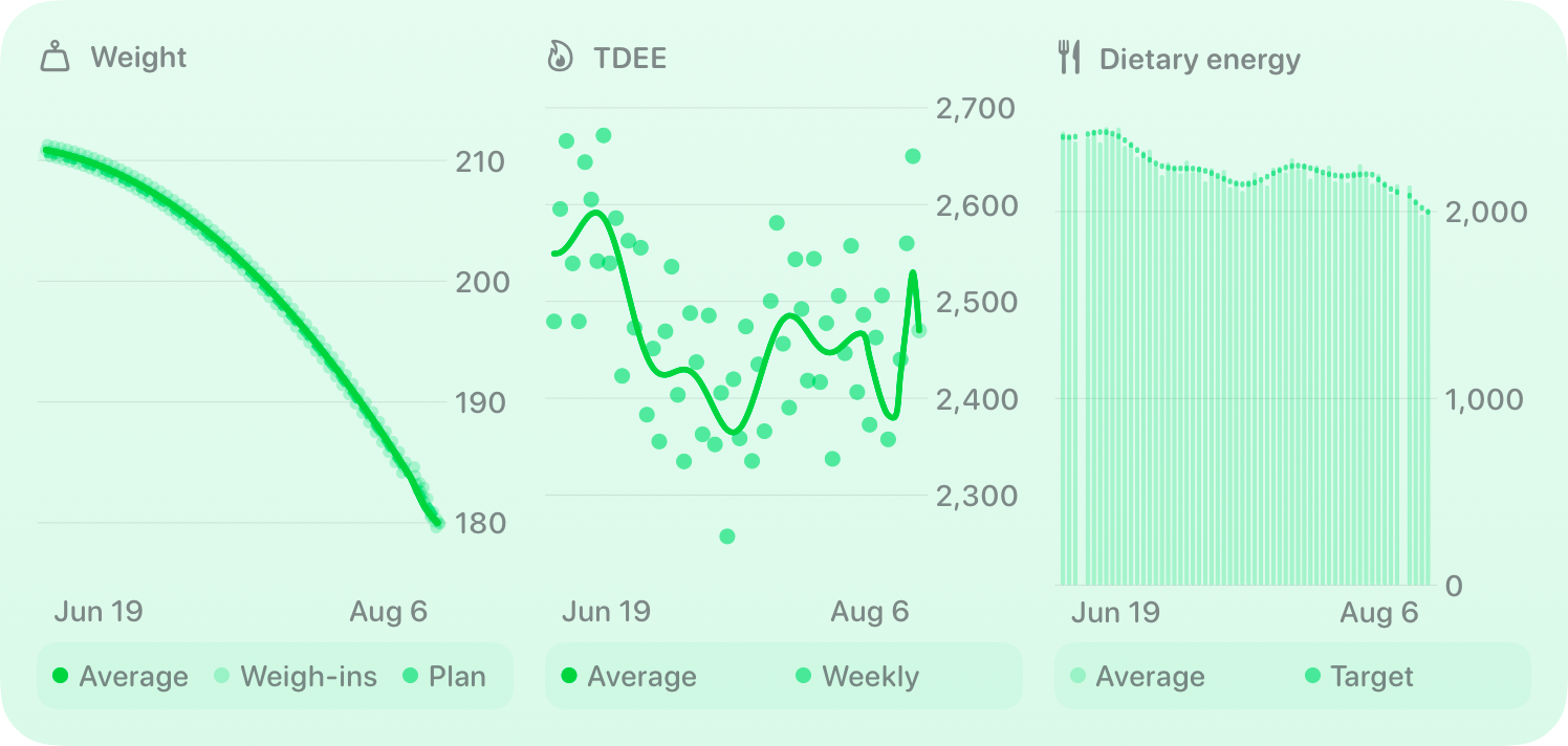 The Trends widget from Burn Rate at Extra Large size in the Green tint, light appearance.