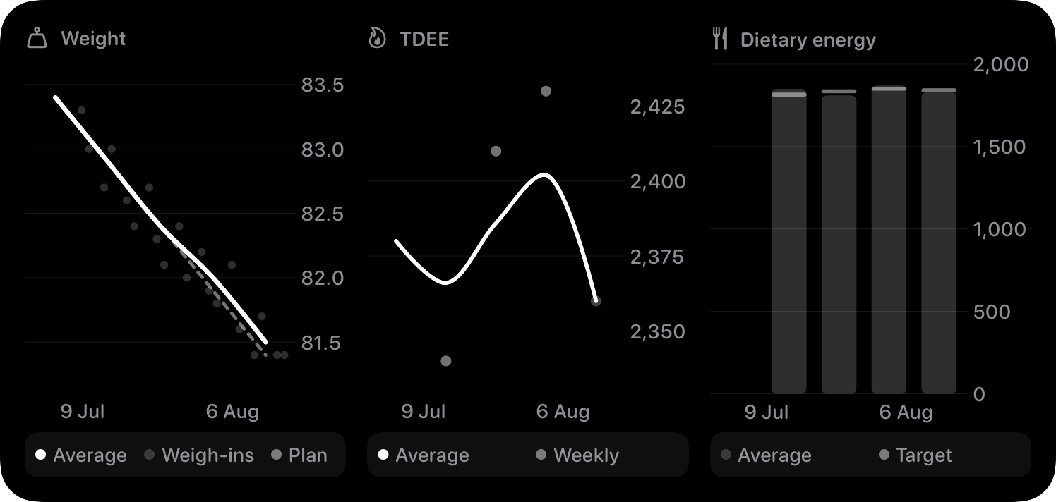 The Trends widget from Burn Rate at Extra Large size in the Grey tint, dark appearance.