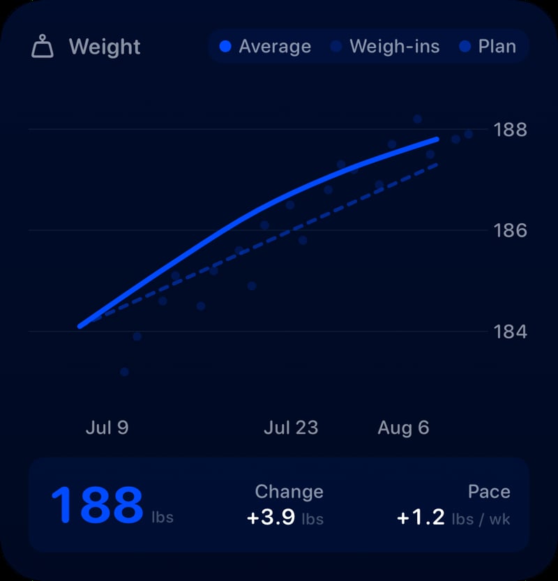 The Weight widget from Burn Rate at Large size in the Blue tint, dark appearance.