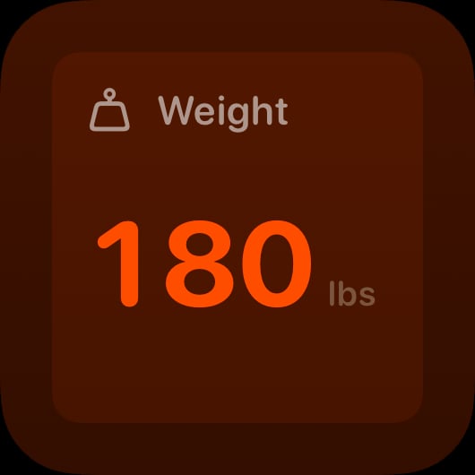 The Weight widget from Burn Rate at Small size in the Orange tint, dark appearance.