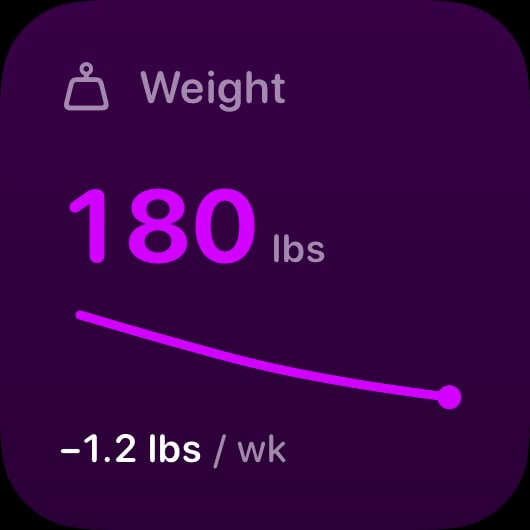 The Weight widget from Burn Rate at Small size in the Purple tint, dark appearance.