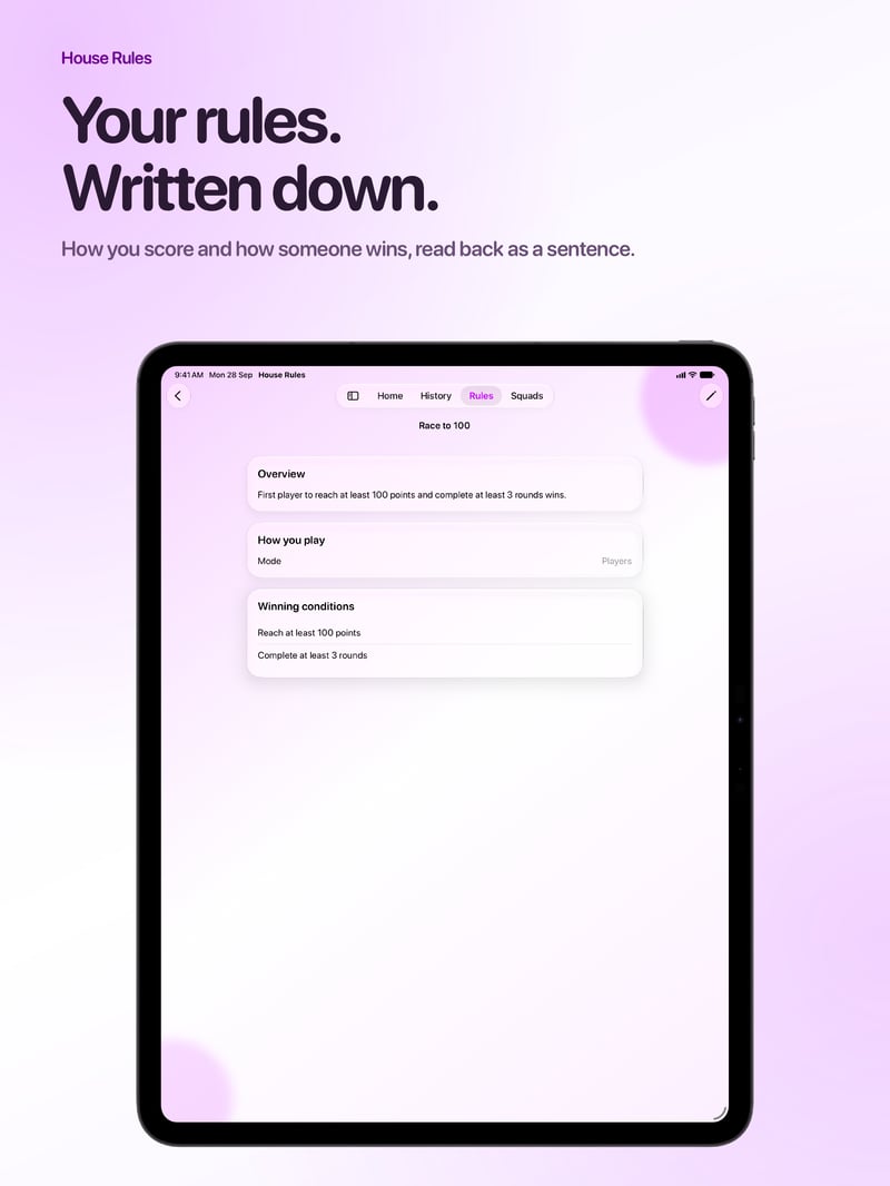 House Rules App Store screenshot for iPad Pro 13-inch showing Your Rules.
