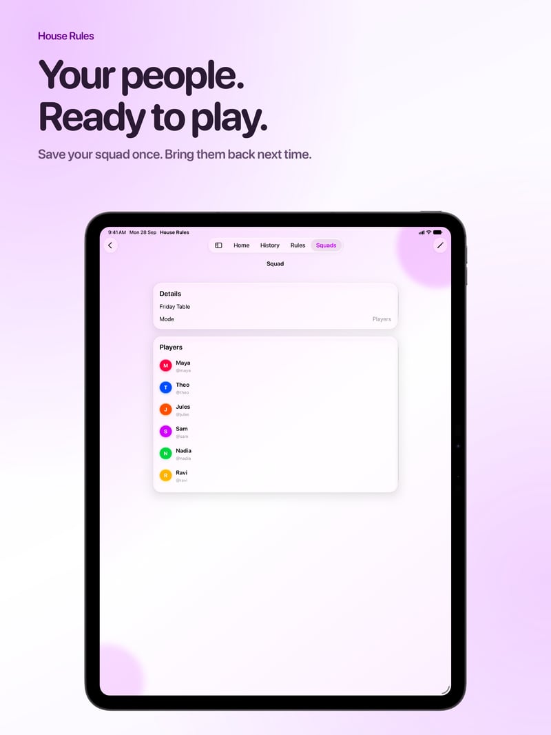 House Rules App Store screenshot for iPad Pro 13-inch showing Your Squad.