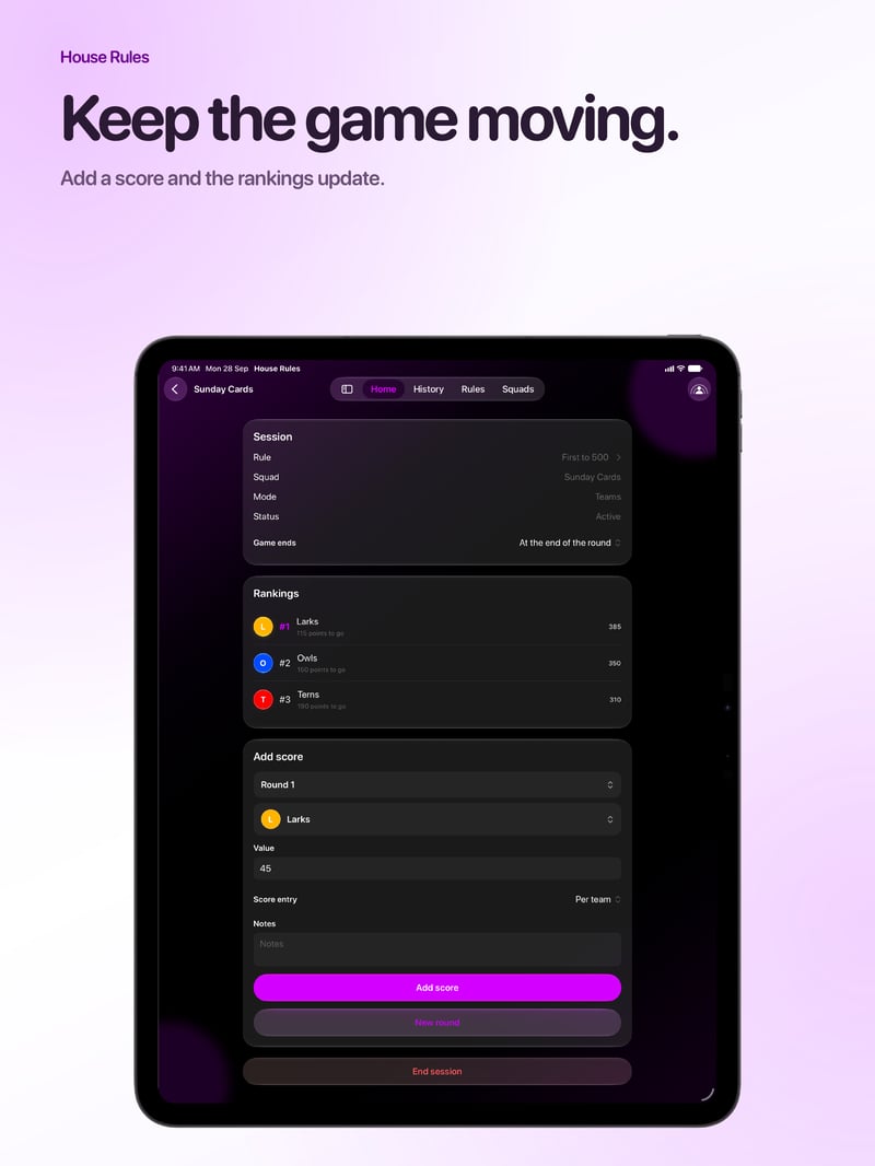 House Rules App Store screenshot for iPad Pro 13-inch showing Keep Score.
