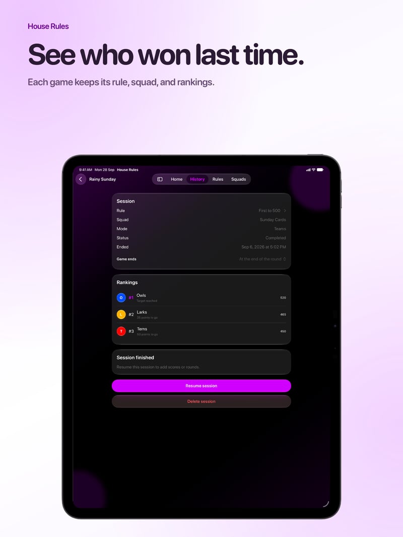 House Rules App Store screenshot for iPad Pro 13-inch showing History.