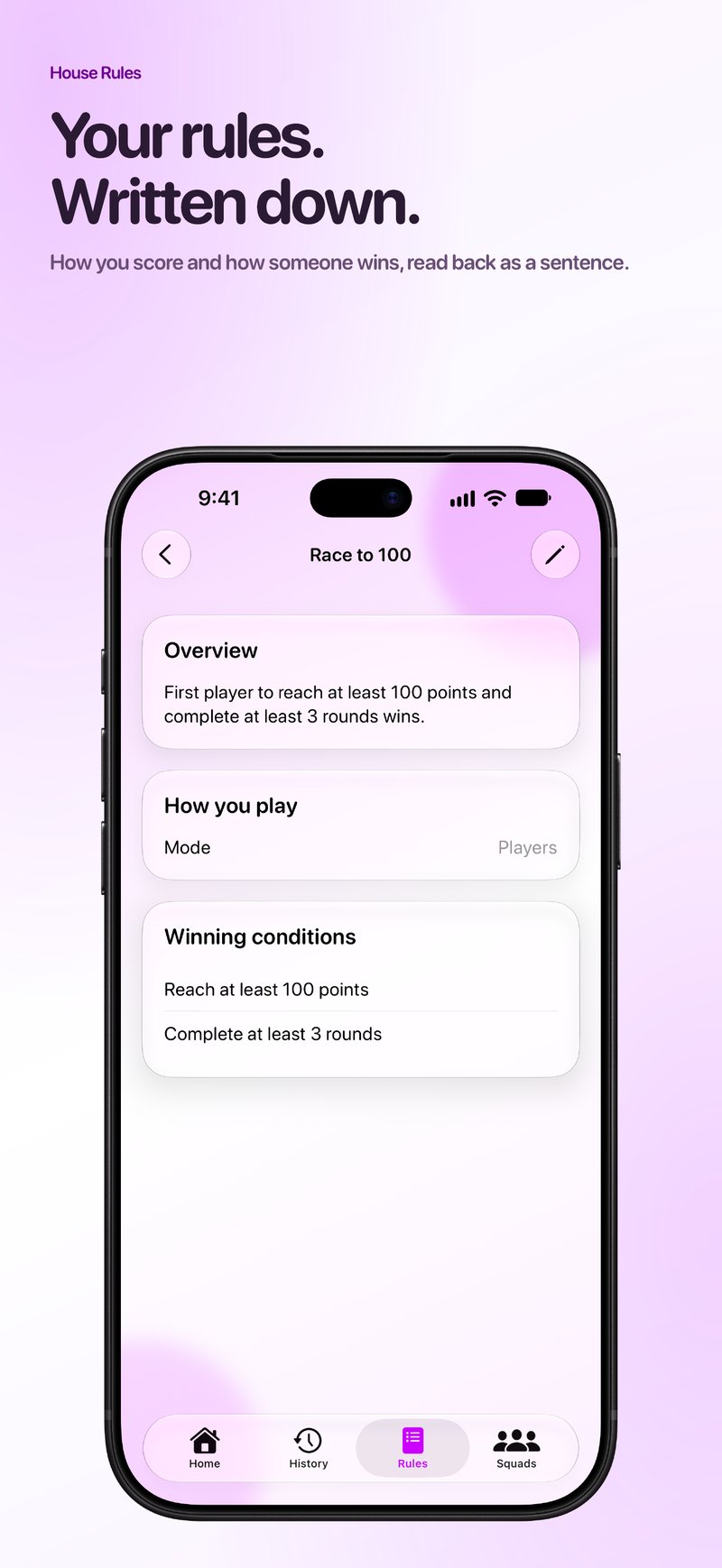 House Rules App Store screenshot for iPhone 18 Pro Max showing Your Rules.