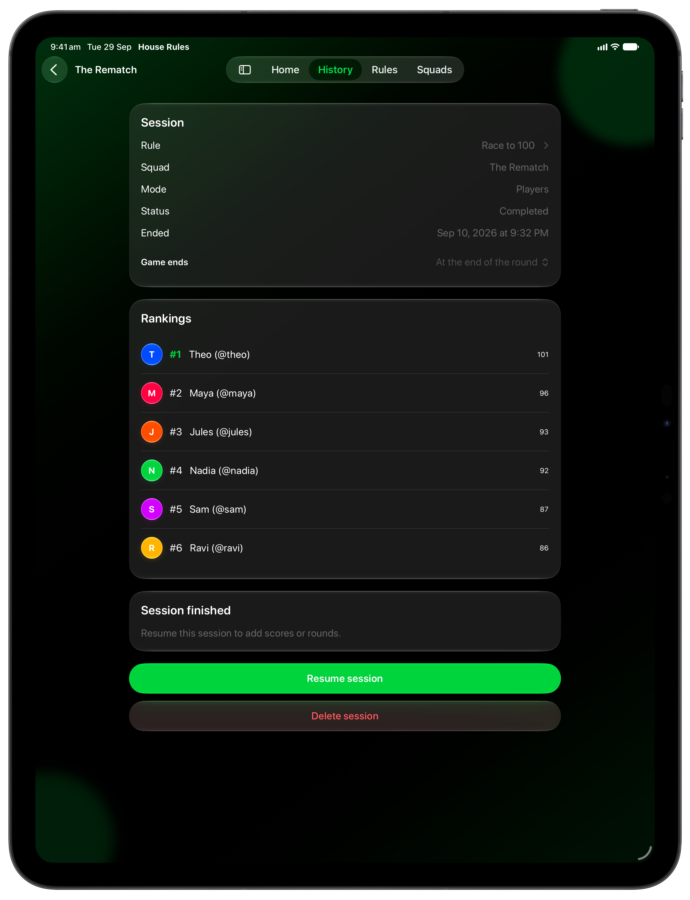 House Rules on iPad Pro 13-inch showing History in the Green tint, dark appearance.