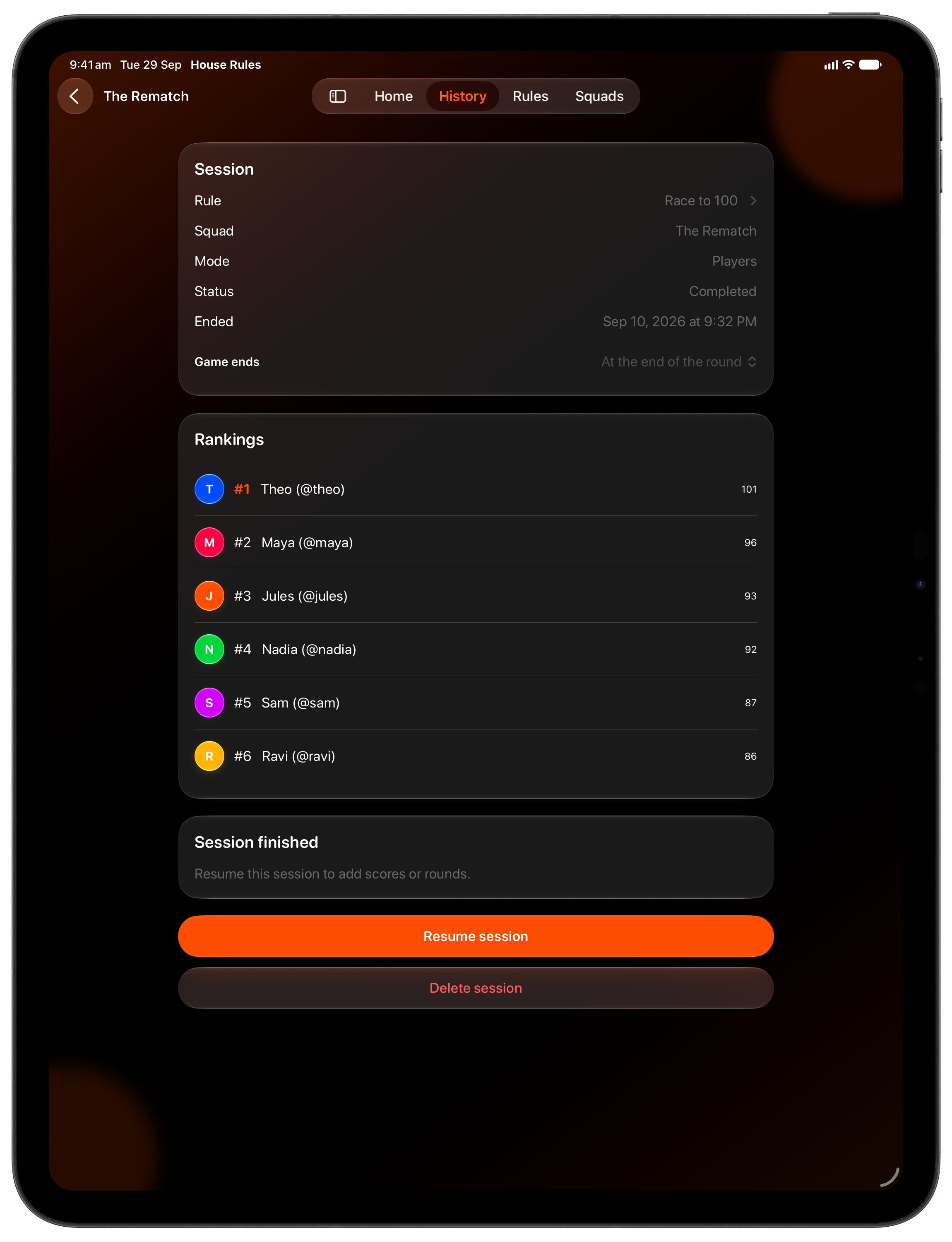 House Rules on iPad Pro 13-inch showing History in the Orange tint, dark appearance.