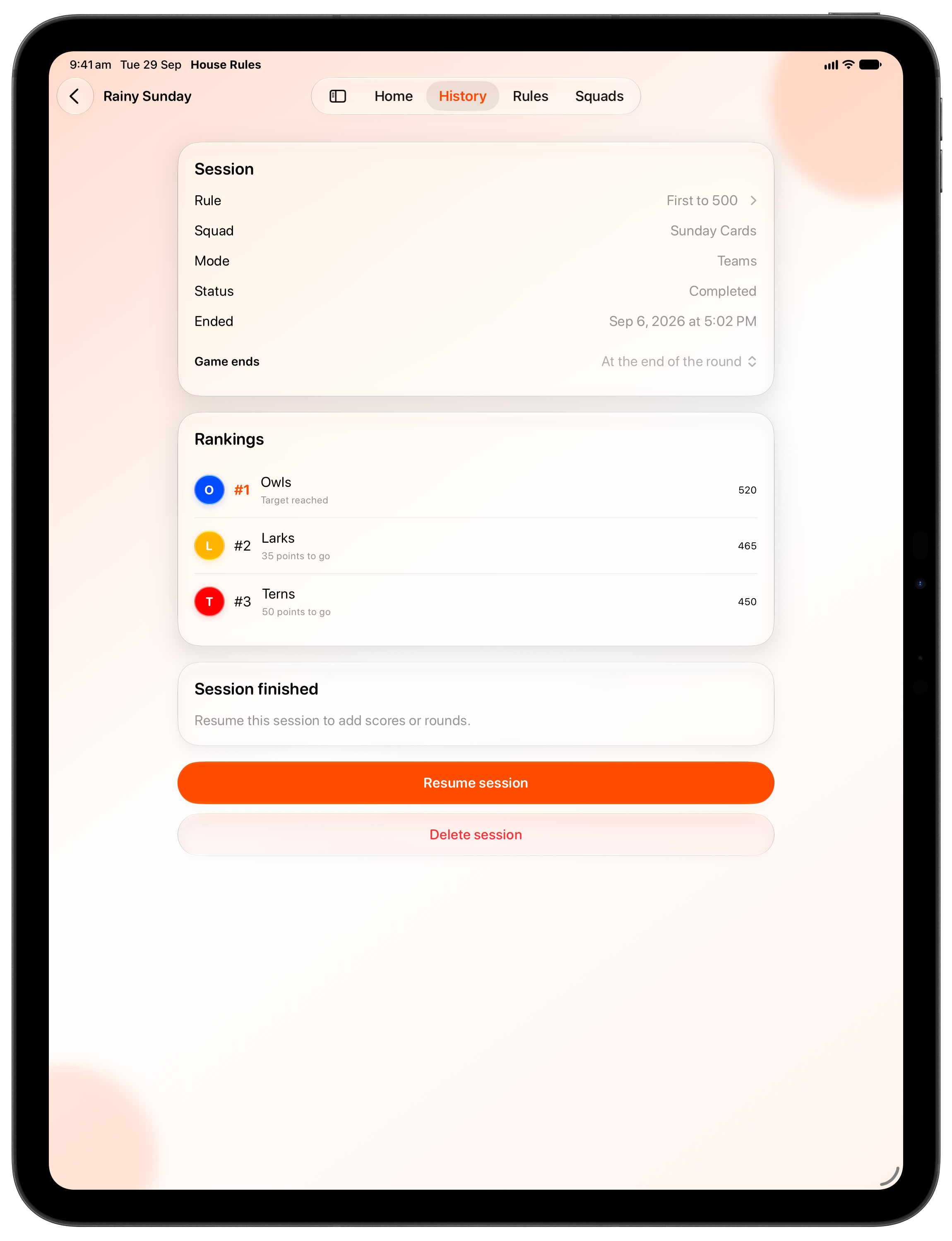 House Rules on iPad Pro 13-inch showing History in the Orange tint, light appearance.