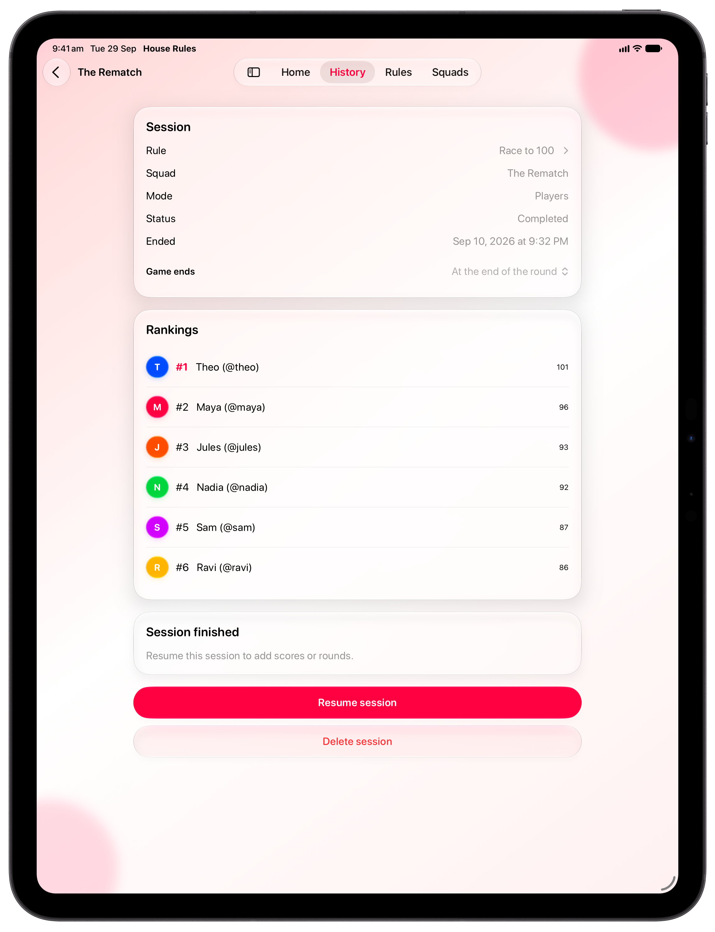 House Rules on iPad Pro 13-inch showing History in the Pink tint, light appearance.