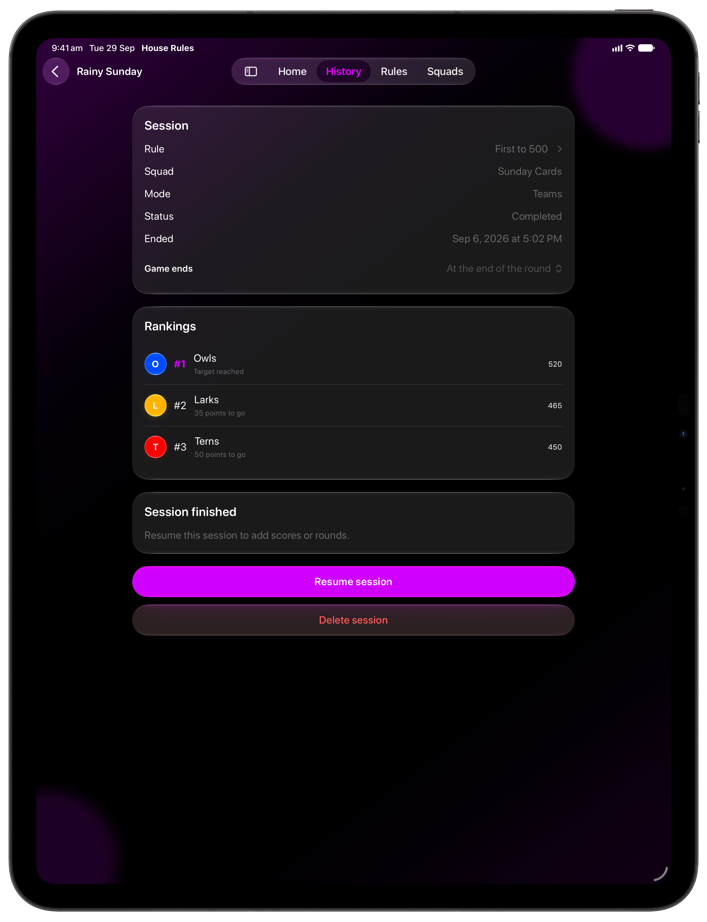 House Rules on iPad Pro 13-inch showing History in the Purple tint, dark appearance.