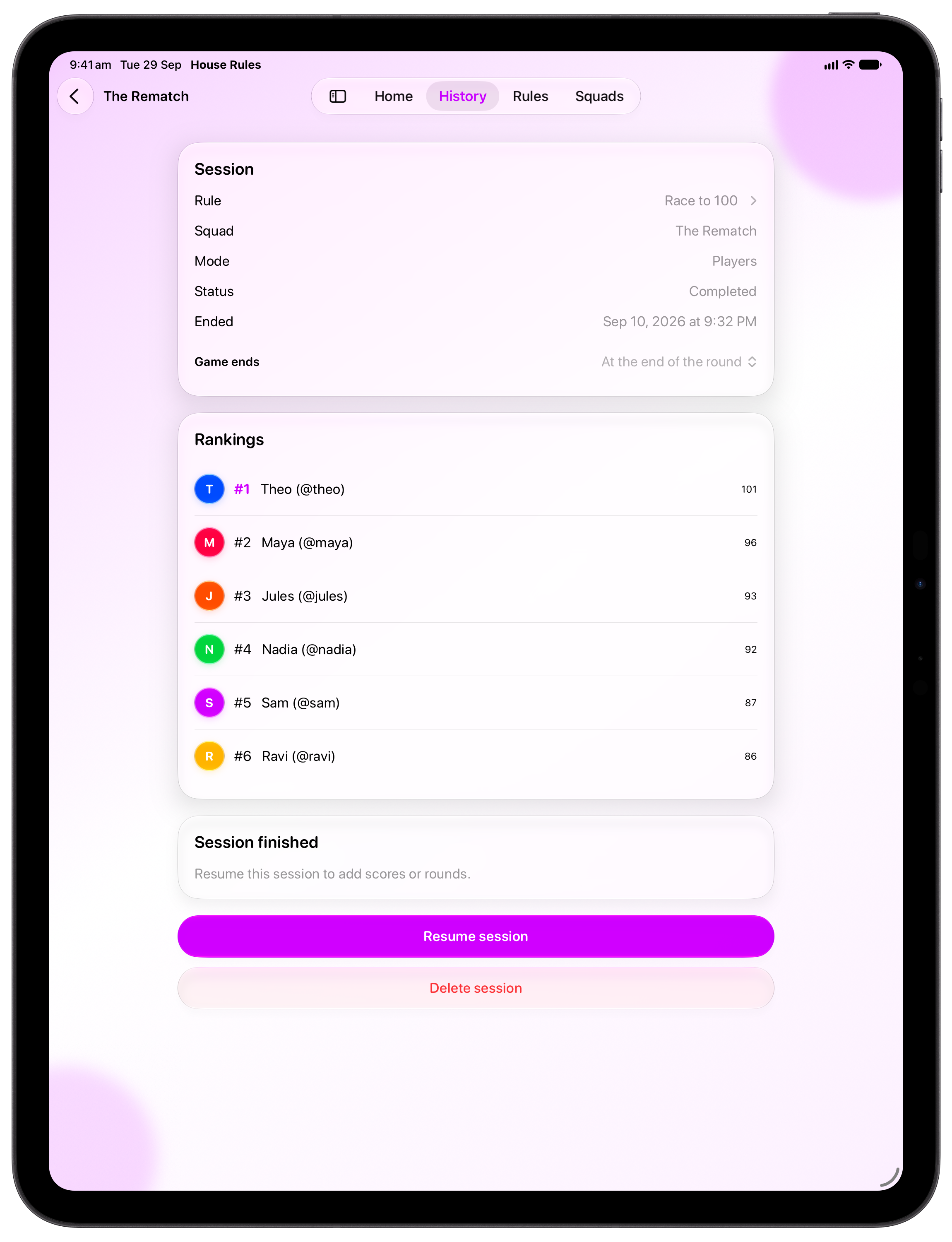 House Rules on iPad Pro 13-inch showing History in the Purple tint, light appearance.
