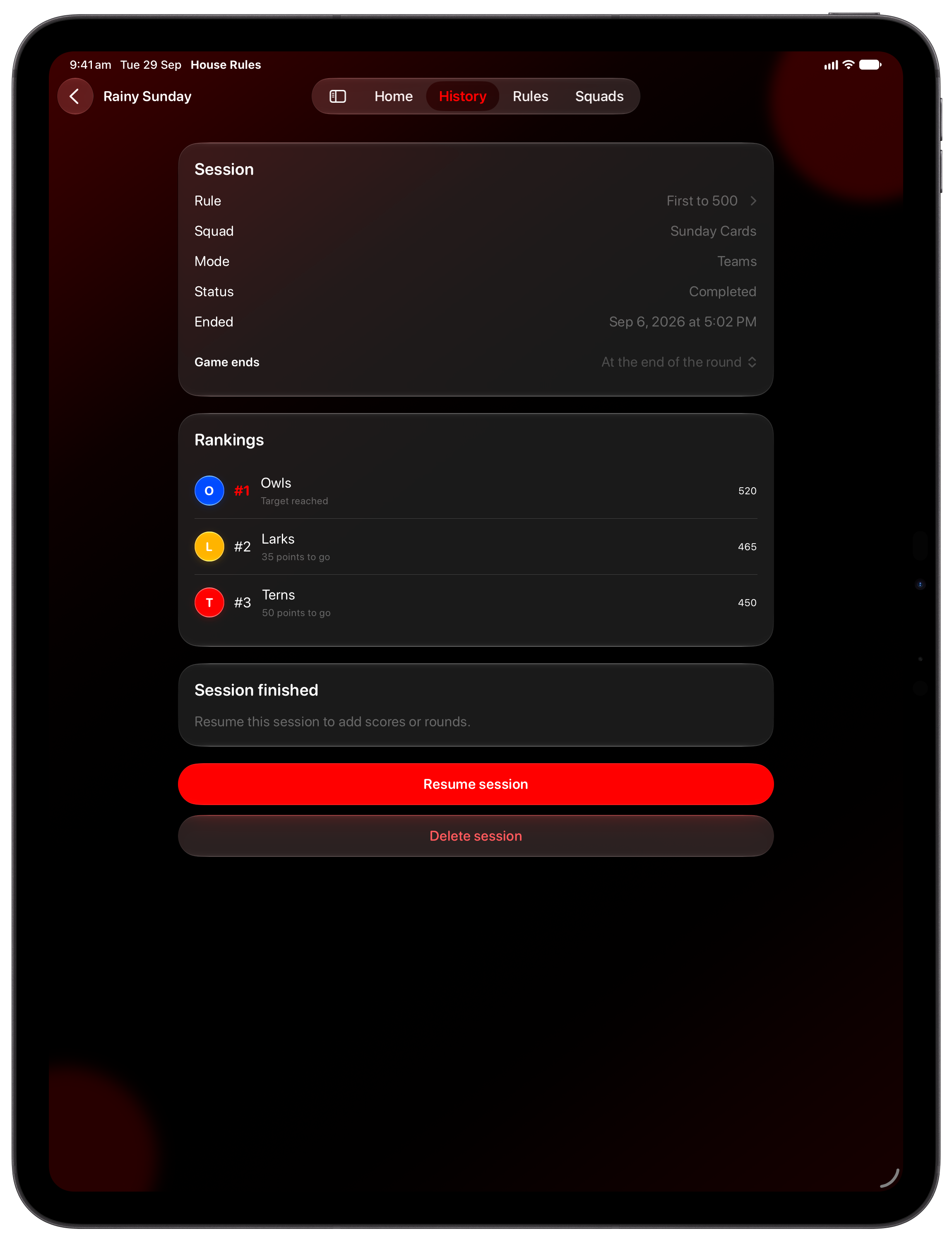 House Rules on iPad Pro 13-inch showing History in the Red tint, dark appearance.