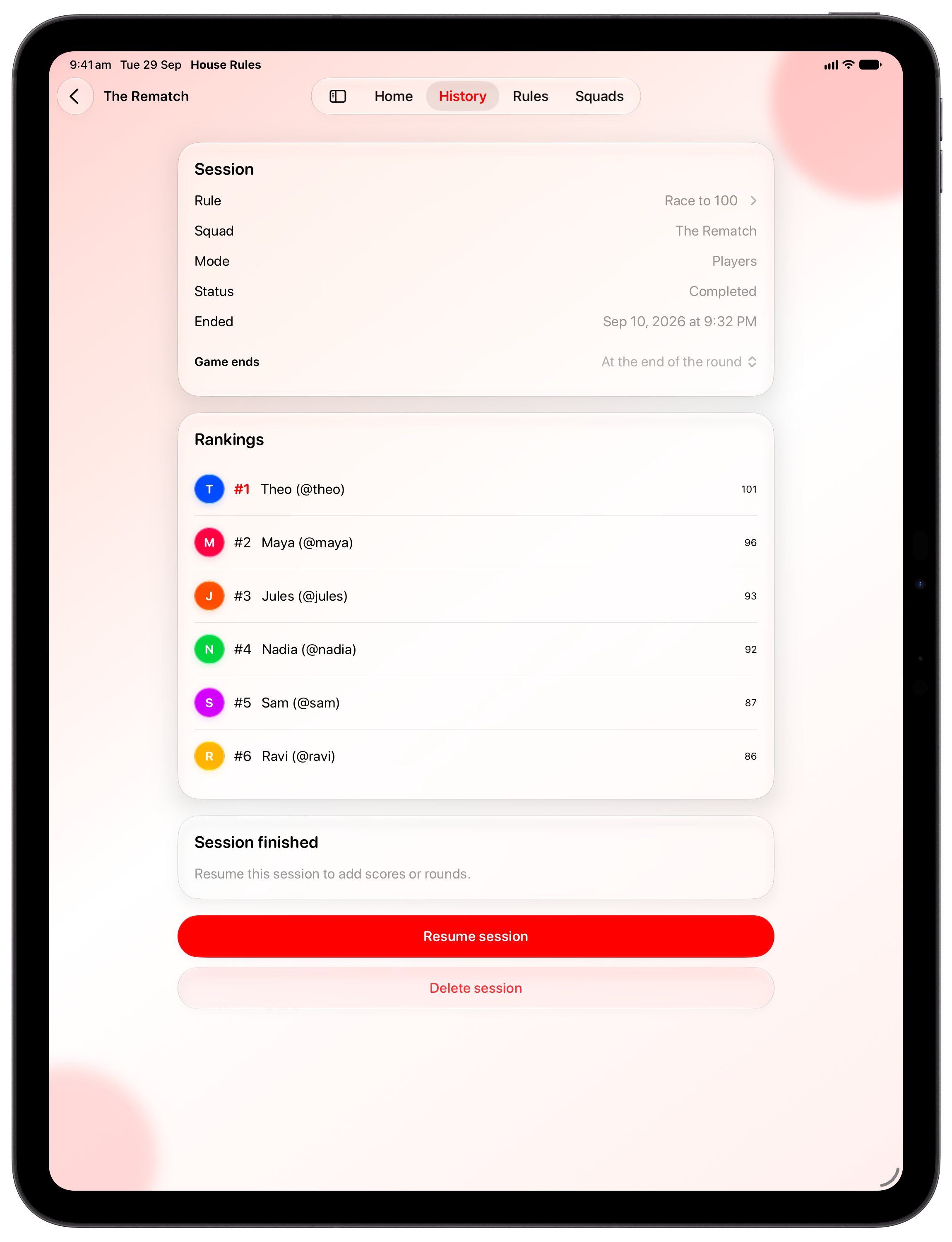 House Rules on iPad Pro 13-inch showing History in the Red tint, light appearance.